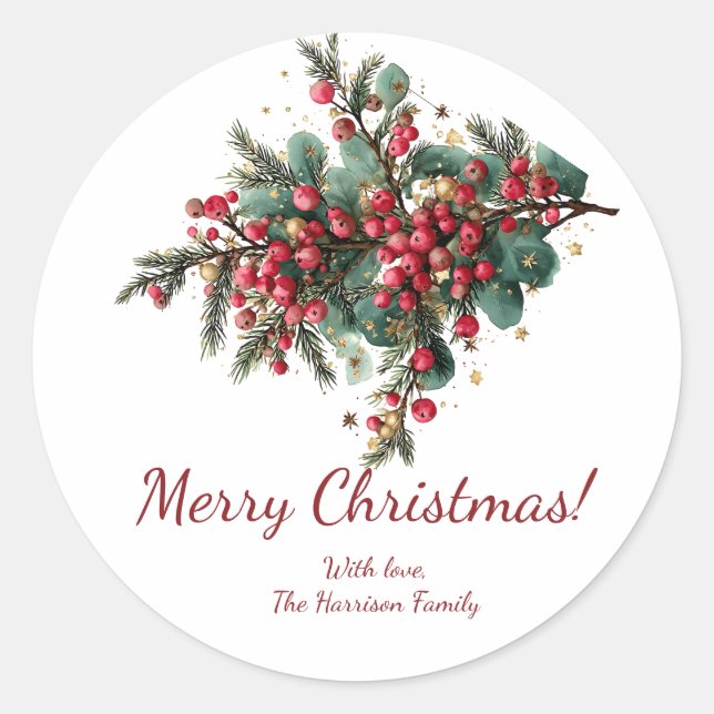Personalized Family Merry Christmas Design Classic Round Sticker (Front)