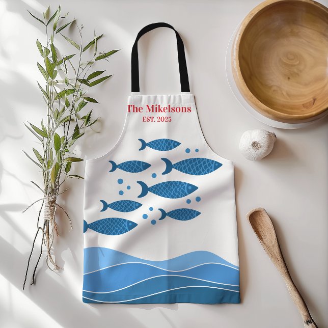 Personalized Family Modern Blue Coastal Fish Apron (Creator Uploaded)
