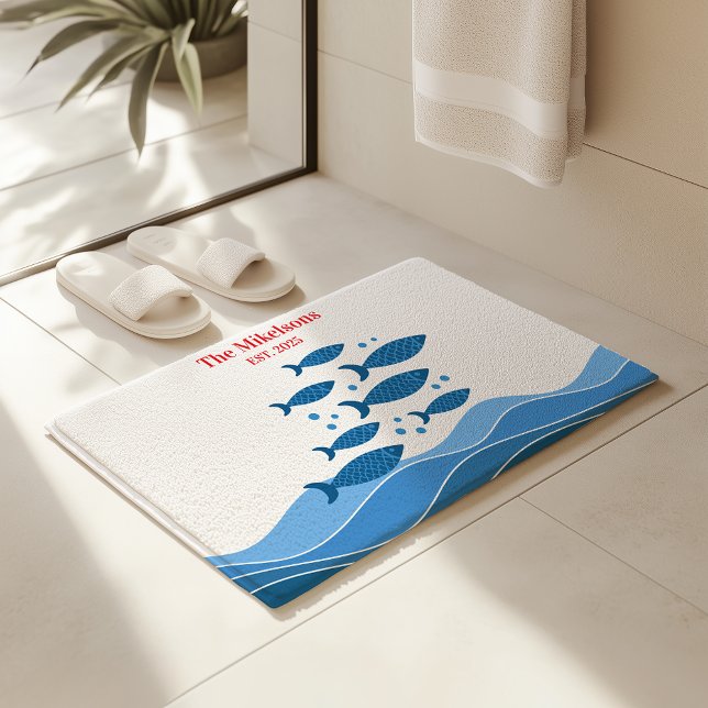 Personalized Family Modern Blue Coastal Fish Bath Mat (Creator Uploaded)
