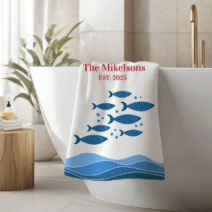 Personalized Family Modern Blue Coastal Fish Bath Towel