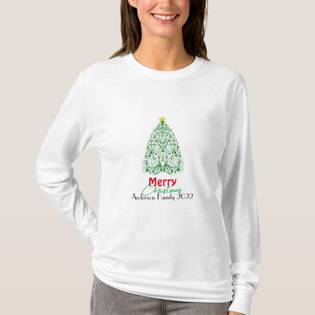 Personalized family modern linear Christmas tree T-Shirt (Front)