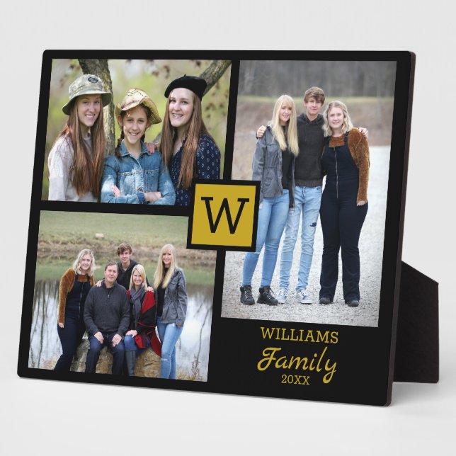 Personalized Family Monogram 3 Photo Black & Gold Plaque (Side)