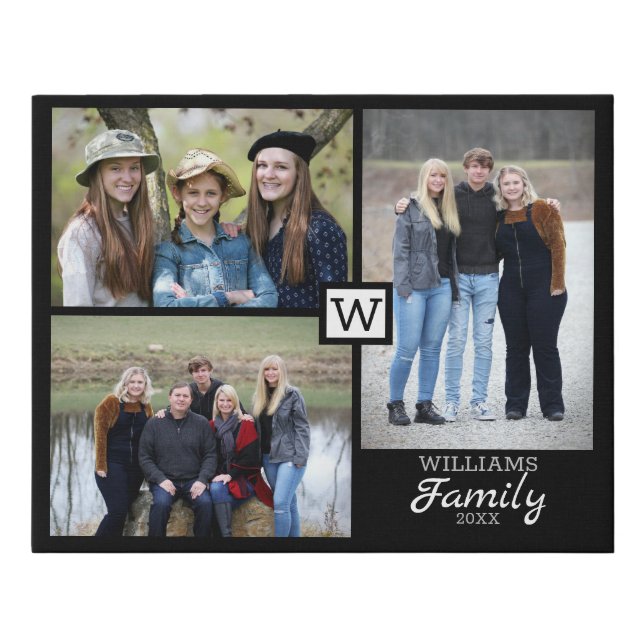 Personalized Family Monogram 3 Photo Collage Faux Canvas Print (Front)