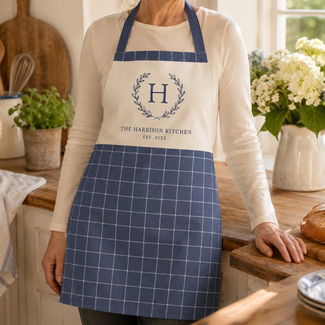Personalized Family Monogram Blue Windowpane Apron (Creator Uploaded)