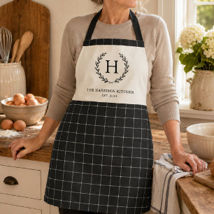 Personalized Family Monogram Modern Black Plaid Apron