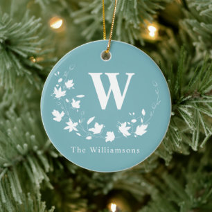 Personalized Family Monogram Teal Blue Botanical Ceramic Ornament