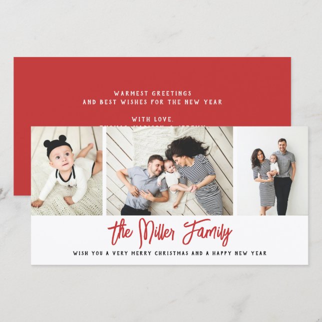 Personalized Family Name 3 Photo Collage Holiday C Card (Front/Back)