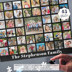 Personalized Family Name 45 Photo Collage Black Jigsaw Puzzle