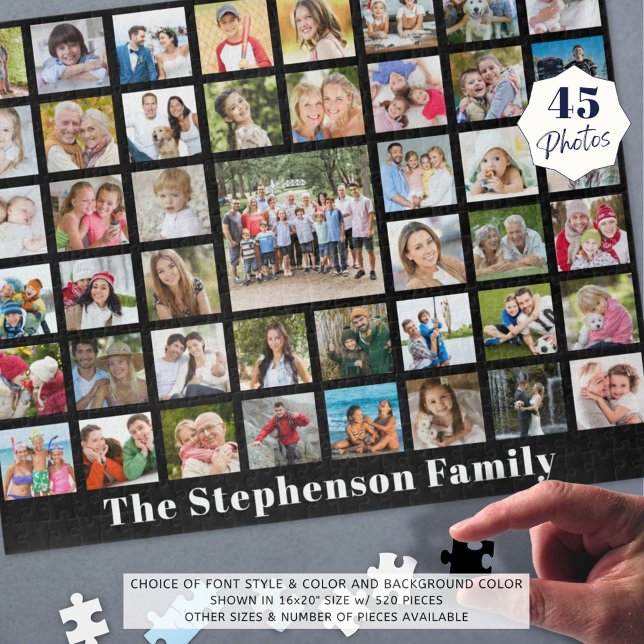 Personalized Family Name 45 Photo Collage Black Jigsaw Puzzle (Creator Uploaded)