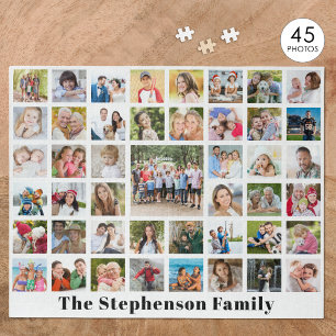 Personalized Family Name 45 Photo Collage White Jigsaw Puzzle