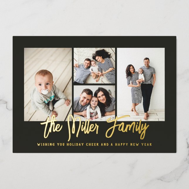 Personalized Family Name 4 Photo Collage Foil Holi Holiday Card (Front)