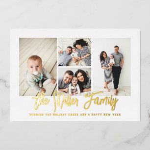 Personalized Family Name 4 Photo Collage Foil Holiday Card