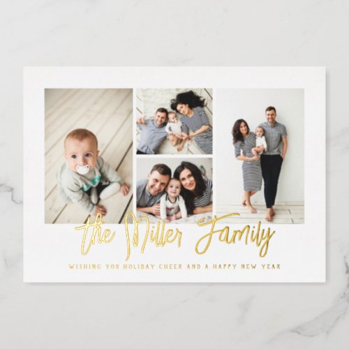 Personalized Family Name 4 Photo Collage Foil Holiday Card