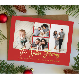 Personalized Family Name 4 Photo Collage Foil Holiday Card