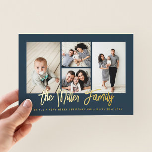 Personalized Family Name 4 Photo Collage Foil Holiday Card
