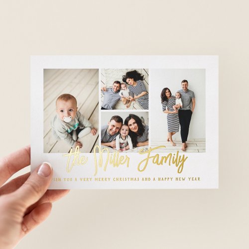 Personalized Family Name 4 Photo Collage Foil Holiday Card