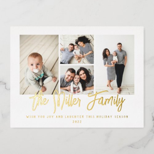 Personalized Family Name 4 Photo Collage Foil Holiday Postcard