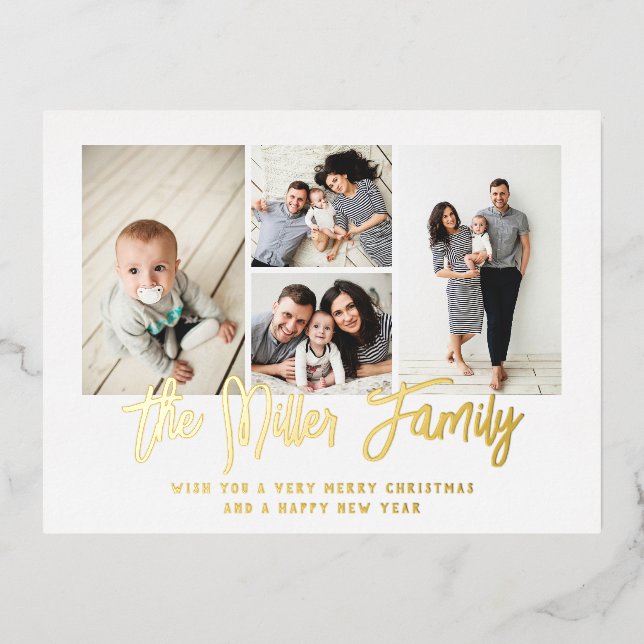 Personalized Family Name 4 Photo Collage Foil Holiday Postcard (Front)