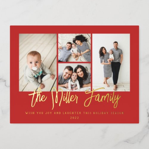 Personalized Family Name 4 Photo Collage Foil Holiday Postcard