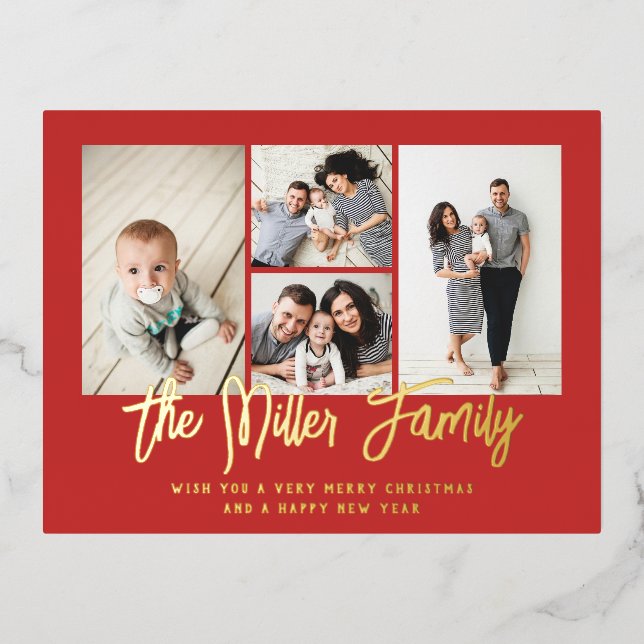 Personalized Family Name 4 Photo Collage Foil Holiday Postcard (Front)