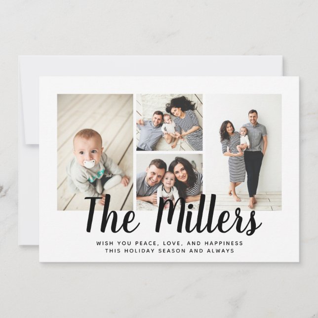 Personalized Family Name 4 Photo Collage Holiday Card (Front)