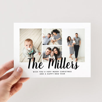 Personalized Family Name 4 Photo Collage Holiday Card by NBpaperco at Zazzle