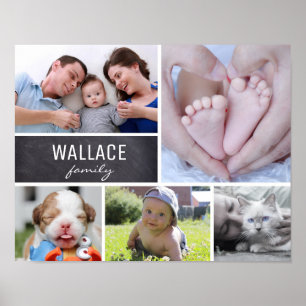 Personalized Family Name, 5 Photo Collage Poster