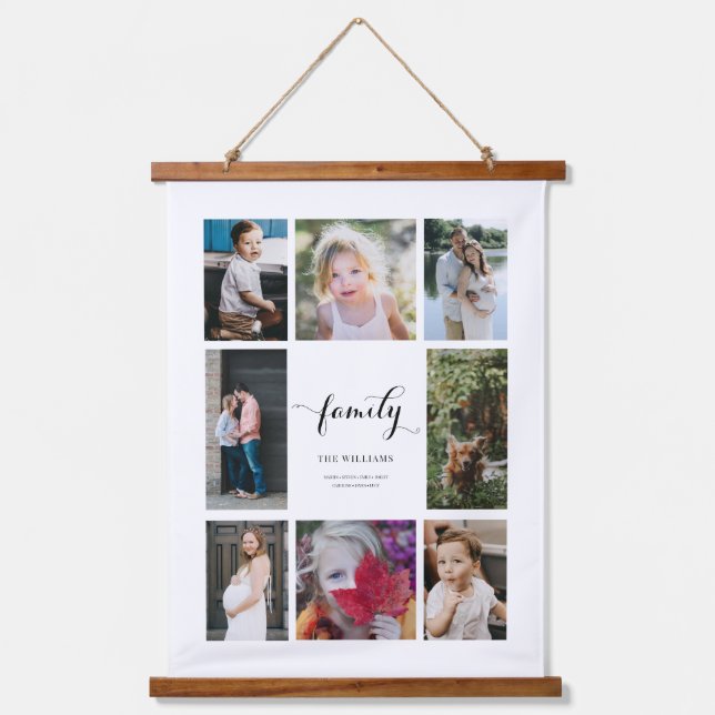 Personalized Family Name 8 Photo Collage Hanging Tapestry (Front)