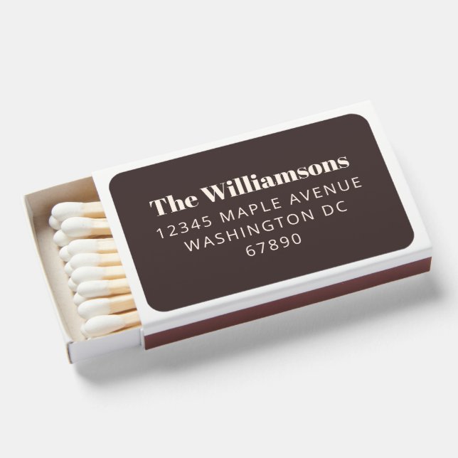 Personalized Family Name Address Brown Wedding Matchboxes (Front Open)