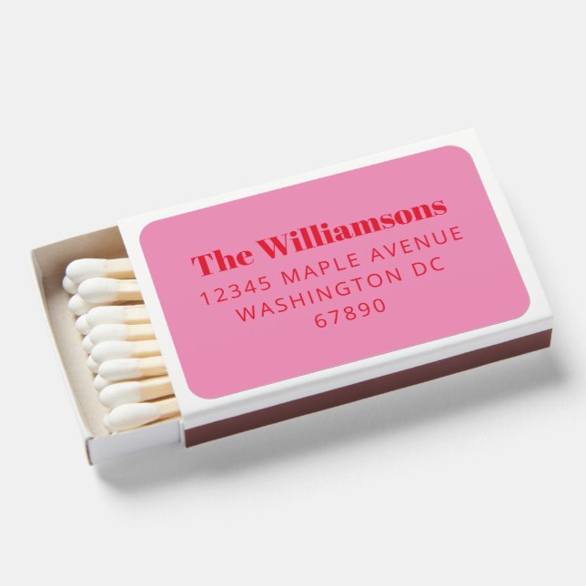 Personalized Family Name Address Pink Red Matchboxes (Front Open)