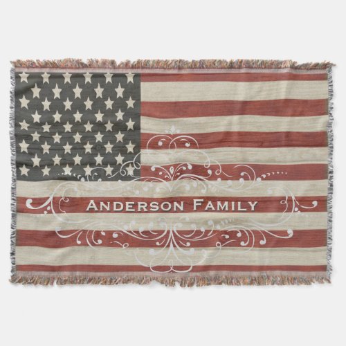 Personalized Family Name America Flag Wood Texture Throw Blanket