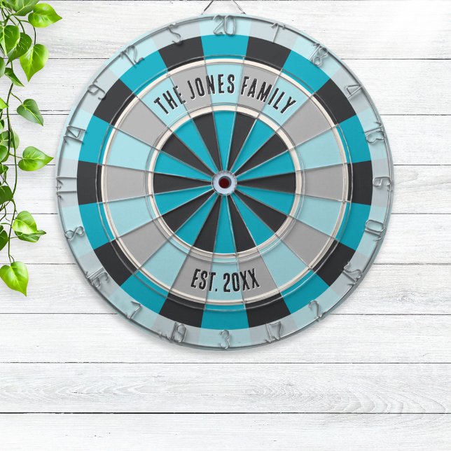 Personalized Family Name and Year Modern Blue Dart Board (A stylish dartboard with cool dark blue and teal design, with custom name and "established" date)