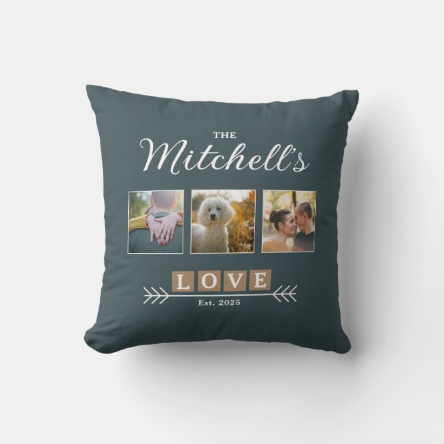 Personalized Family Name and Year Photo Throw Pillow (Front)