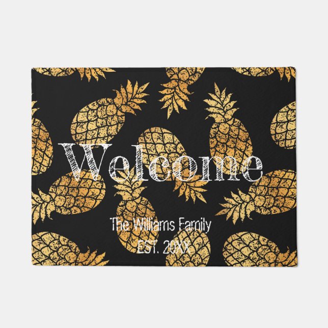 Personalized Family Name Black Gold Pineapple Doormat (Front)