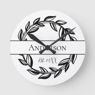Personalized Family Name Black White Leaf Round Clock