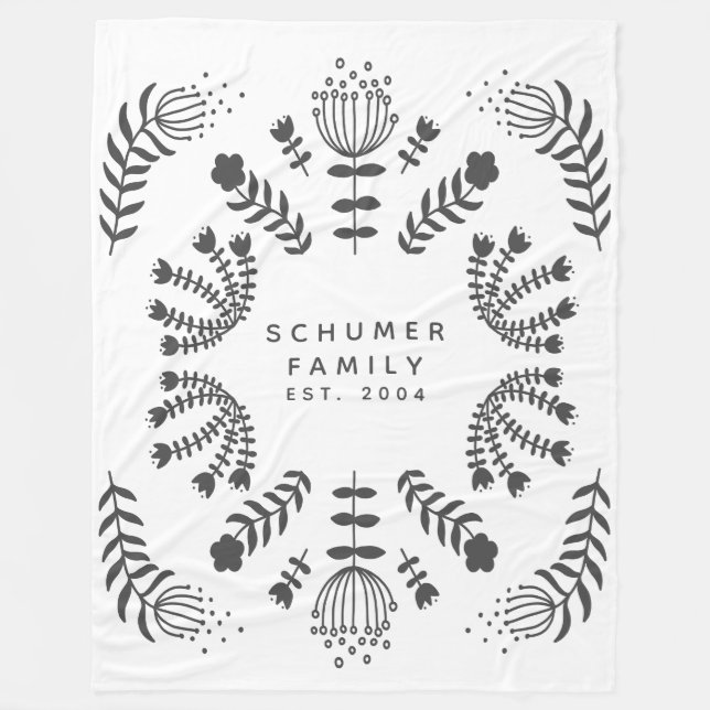 Personalized Family Name Black White Scandi Folk Fleece Blanket (Front)