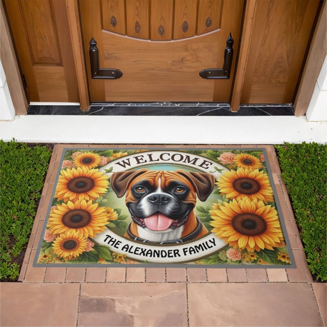 Personalized Family Name Boxer Dog Flowers Welcome Doormat (Outdoor)