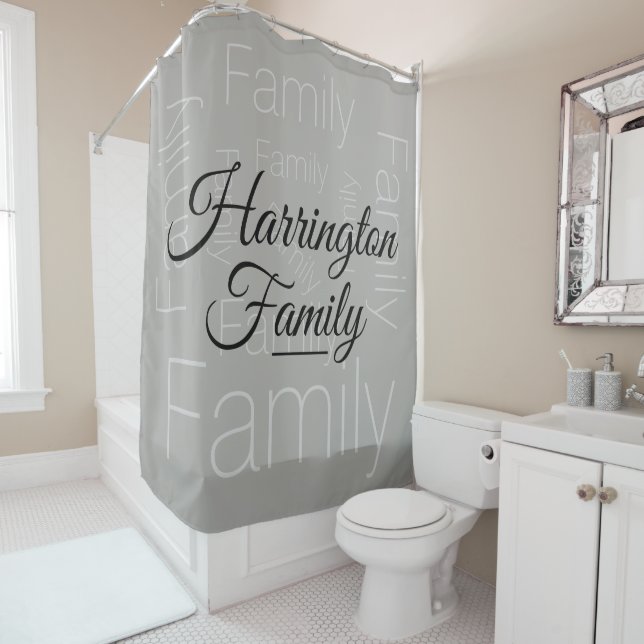Personalized Family Name Chic Gray Shower Curtain (In Situ)