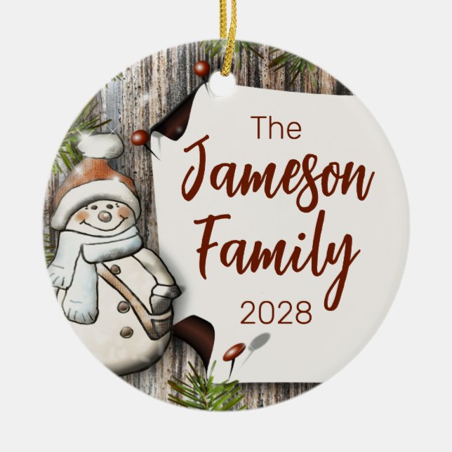 Personalized Family Name Christmas Snowman Ceramic Ornament (Front)
