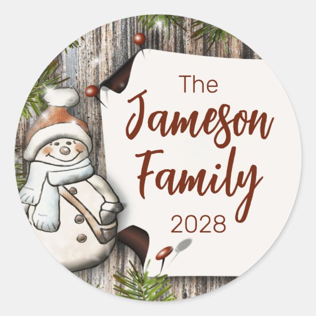 Personalized Family Name Christmas Snowman Classic Round Sticker (Front)