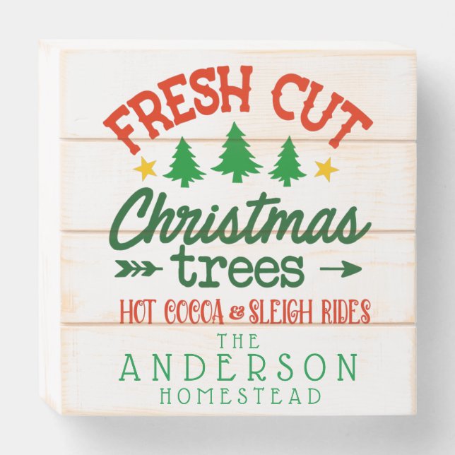 Personalized Family Name Christmas Tree Rustic Wooden Box Sign (Front Horizontal)