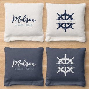 Personalized Family Name Coastal Theme Blue Cornhole Bags