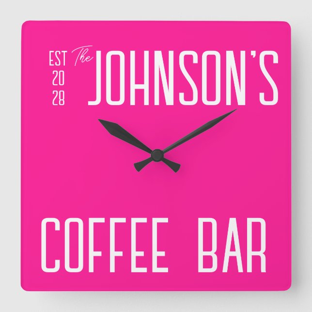 Personalized Family Name Coffee Bar Hot Pink Square Wall Clock (Front)