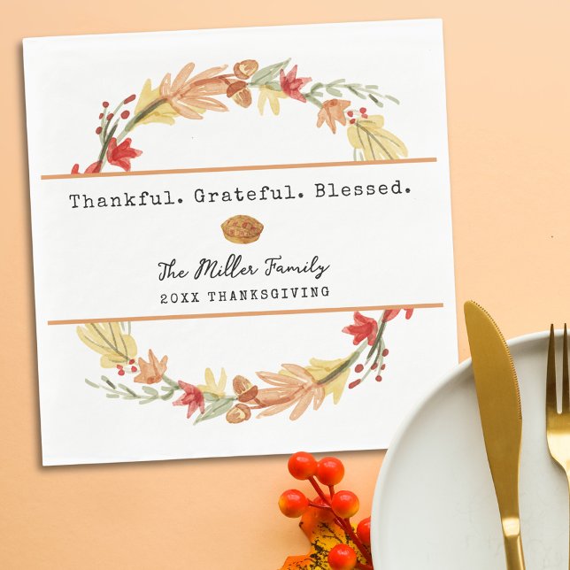 Personalized Family Name Custom Fall Thanksgiving Napkins (Personalized Thanksgiving Napkin | Thankful Grateful Blessed Custom Family Name Fall Table Setting)