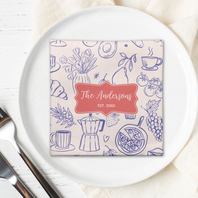 Personalized Family Name Cute Hand Drawn Food Cloth Napkin (In situ)