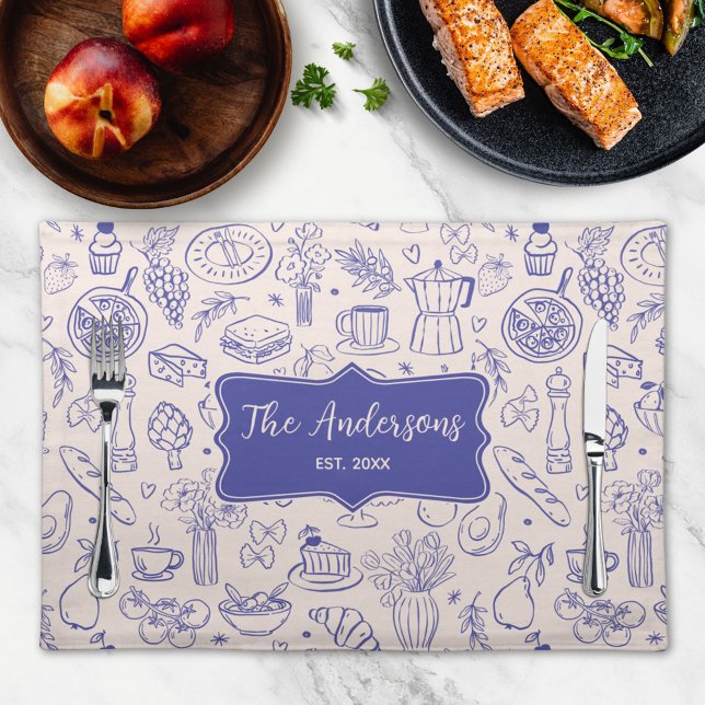 Personalized Family Name Cute Hand Drawn Food Cloth Placemat (In situ)