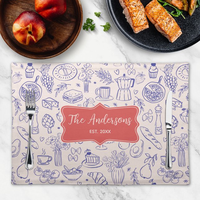Personalized Family Name Cute Hand Drawn Food Cloth Placemat (In situ)