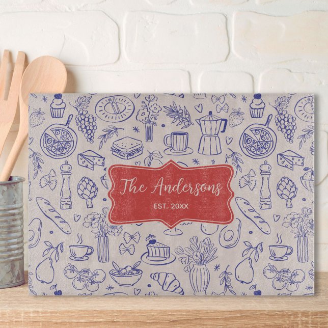 Personalized Family Name Cute Hand Drawn Food Cutting Board (In situ)