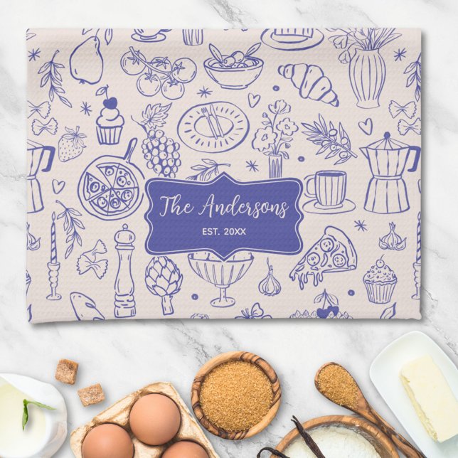 Personalized Family Name Cute Hand Drawn Food Kitchen Towel (In situ)