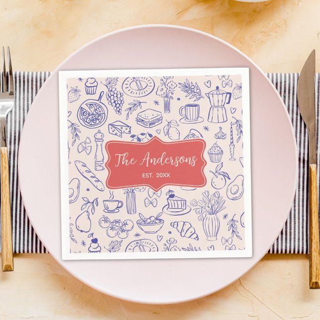 Personalized Family Name Cute Hand Drawn Food Napkins (In situ)